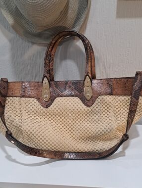 henri bendel Cream Woven Tote with Brown Snakeskin Trim
